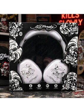 Ed Hardy Wireless Headphones White Black Love Kills Slowly Tattoo Bluetooth NEW